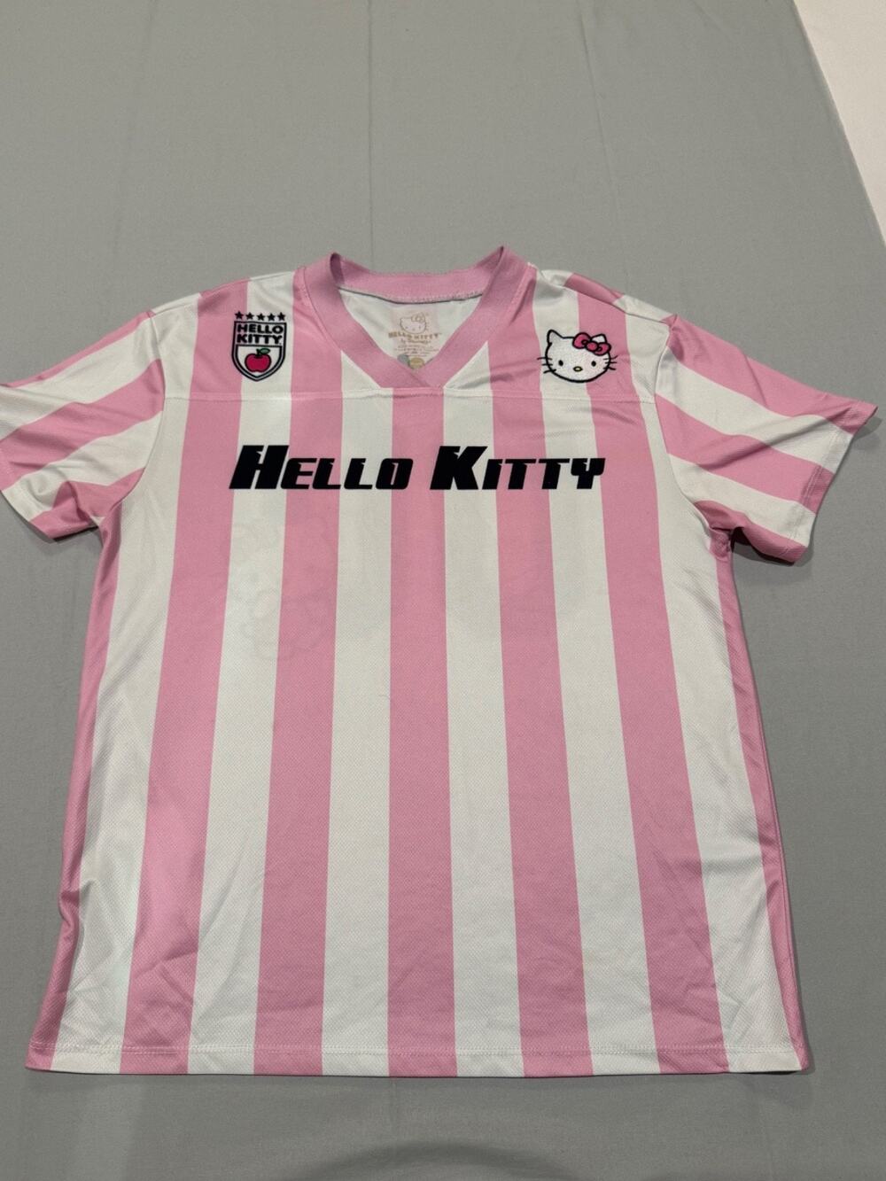 Hello Kitty Sanrio Womens M Soccer Jersey Pink White Striped 00 Short Sleeve